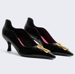 Black Patent Pointed Toe Kitten Heel Pumps with Gold Accent